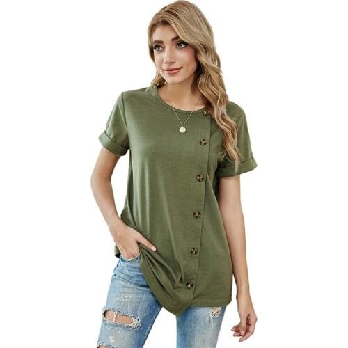 Spring 2021 New Fashion Solid Color Round Neck Single Breasted Home Casual Blouse Short Sleeve T-Shirt Women