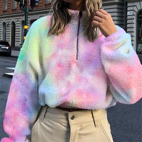 2021 Women Tie Dyeing Print Plush Hoodie Autumn Long Sleeve Zipper Pullovers Tops Winter Casual Loose Hoodies Sweatshirts