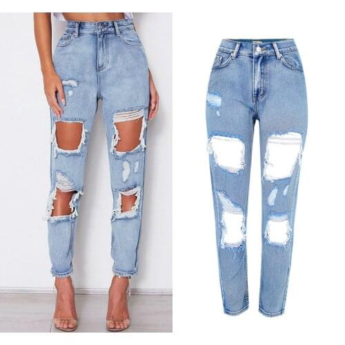 Women Distressed Boyfriend Ripped Jeans Casua High Waist Jeans Denim Pants Summer Trousers Female