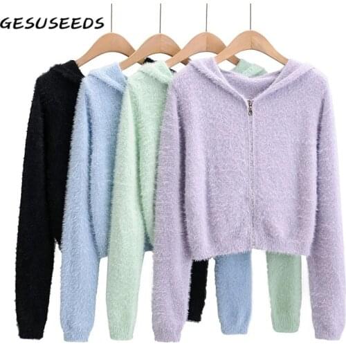 Fall 2020 women sweater korean long sleeve cardigan knitted vintage cropped sweater mohair purple sweater women hoodie zip up