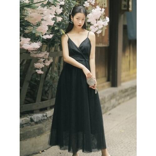 Summer New Ins Temperament Womens Bohemian Travel Beach Vacation Retro Sling Black Long Dress Literary Thin Party White Dress