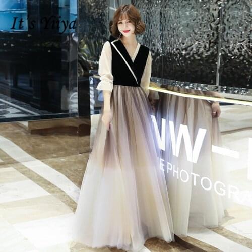 Elegant Evening Dress Its Yiiya BR317 Gradient Black V-neck Patchwork Robe De Soiree Three Quater Sleeve Long Evening Gowns