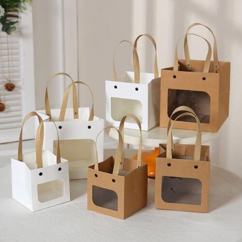 12pcs Brown White Cake Square Bottom Gift Box Handle Thick Window Show Portable Gift Bag Rivet Kraft Paper Folding Package Box