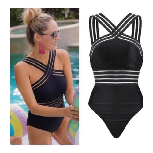 2019 Sexy One Piece Swimsuit Women High Neck Bandage Cross Back Neck Monokini Black Swimwear Women Bathing Suits Swimming Suit
