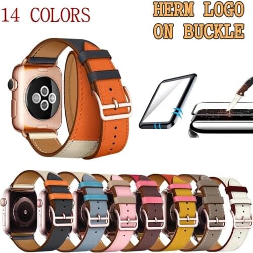 2020 HERM Logo Rose Gold Clasp Swift Leather Double Single Tour Watch Band For Apple Watch 44mm 40mm Replacement For iWatch6 5 4