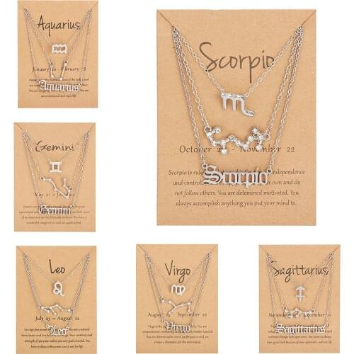 3Pcs/Set Personality Zodiac Necklace 12 Constellation Pendant Silver Color Chains Charm Choker Horoscope Jewelry for Women Lover