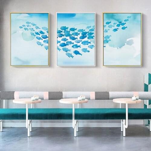 Abstract Watercolor Blue School of Fish and Ocean Nordic Canvas Posters and Prints for Living Room Bedroom Corridor Decoration