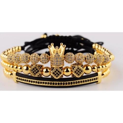 Amader 3pcs/set Luxury CZ ball Crown Charm Copper Bead Macrame Bracelets Men Handmade Long Tube Set Bracelets&Bangles For Women