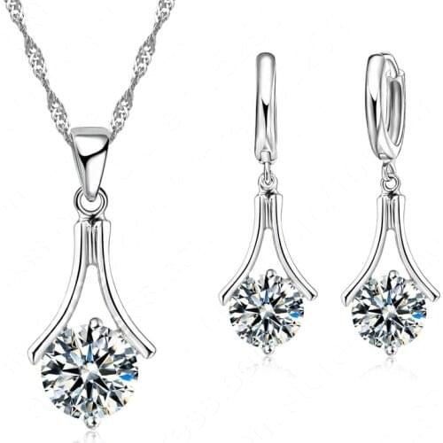 Free Shipping Promotion Women Wedding Jewelry Set 925 Serling Silver White Cubic Zircon Necklace Earrings Wholesale