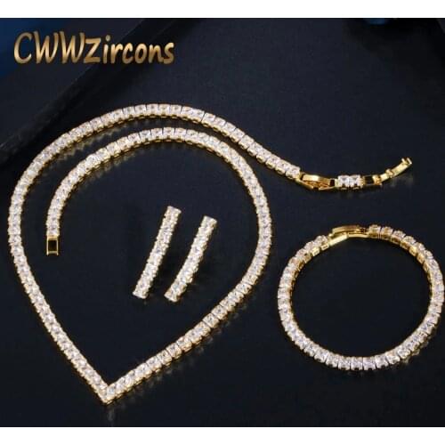 CWWZircons Glitering Yellow Gold Color Princess Cut Cubic Zirconia Necklace Earring Bracelet Women Party Dress Jewelry Sets T414