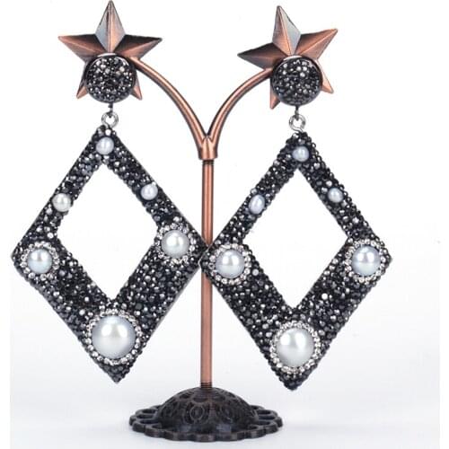 Dankaishi Luxury Style Full Rhinestone Pearl Accessories Drop Earrings Square Shape Big Earrings for Women Brincos Boho Style