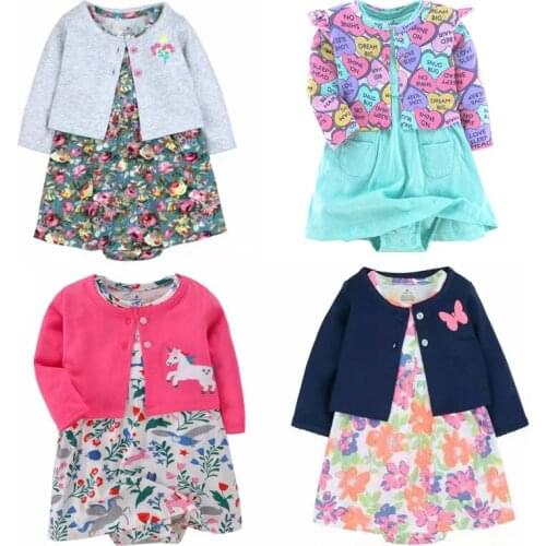 Unicorn Girls Long Dress Toddler Cotton 2pcs Baby Kids Clothes Autumn New Casual Floral Dress+Coat Childrens Cartoon Cardigan