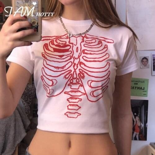 Skulls Print Harajuku Loose T Shirt Women Casual Gothic Punk Style Short Sleeve Cotton Basic Tee Summer Vintage Clothes Iamhotty