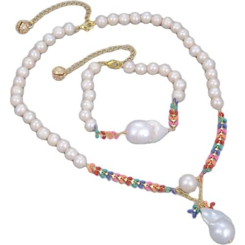 GG Jewelry Natural Freshwater Cultured White Pearl Keshi Pearl Pendant Multi Color Enamel Chain Choker Necklace Bracelet Sets