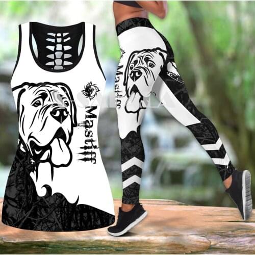 Mastiff Black Dog Tattoo Combo Two Piece Yoga Set Women 3D Print Vest Hollow Out Tank Top High Waist Legging Summer Casual Sport