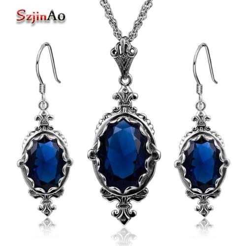 Szjinao Fashion Blue Crysta Jewelry Sets Dresses For Women 925 Sterling Silver Vintage Earrings/Pendant Wedding Accessories Gift
