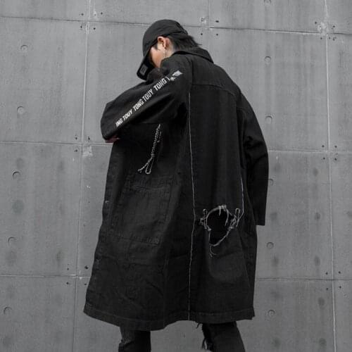 Autumn winter men ripped hole hip hop punk long denim jacket with chain pin man vintage retro jeans jacket coats