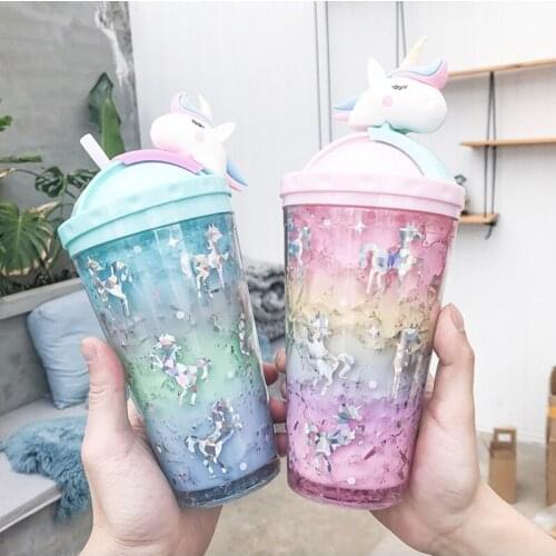Lovely 430ml Unicorn Water Bottle Cup with Straw Cartoon Plastic Water Cup Cute Kids Girl School Kawaii Bottles Flask Pink
