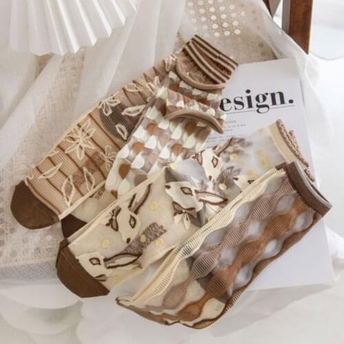 Summer Socks Transparent Cool Breathable Harajuku Retro Ultra Thin Korean Style Cartoon Rabbits Dots Individual Crystal Silk So