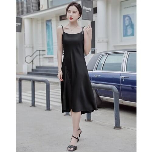 2021 New Women Spaghetti Strap Dress Sexy Solid Slim Lady Oblique breasted design Dress midi Dresses Female Banquet party Dress