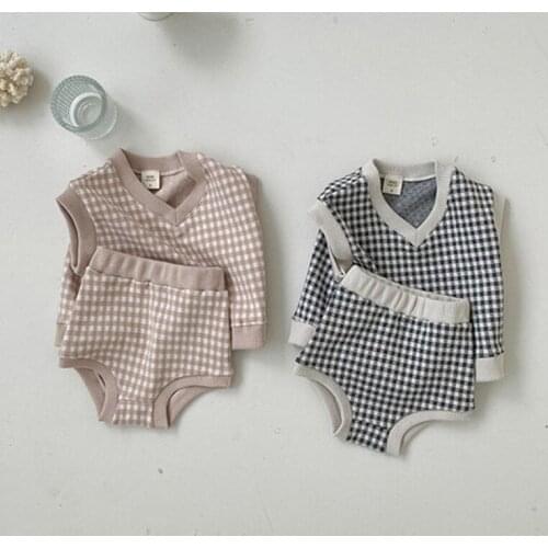 Autumn Knitwear Baby Sleeveless Sweater Set Toddler Girls Clothes 2pcs Kids Plaid Outfit Boys Knitted Waistcoat And Shorts Suit