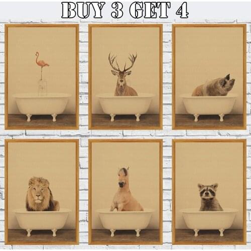 Cute Animal Bathing Fish Tank Kraft Paper Poster Home Decor Painting Room Decor Wall Art