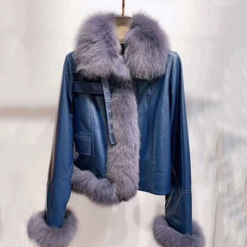Casual Quality High Style Women Coat Winter New Arrival Short Genuine Leather Jacket Real Fox Fur Collar Slim Outerwear