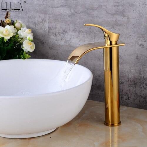 Vidric Gold Tall Bathroom Sink Faucet Waterfall Brass Vessel Basin Water Mixer Crane Hot and Cold Faucet Deck Mounted ELS1509G