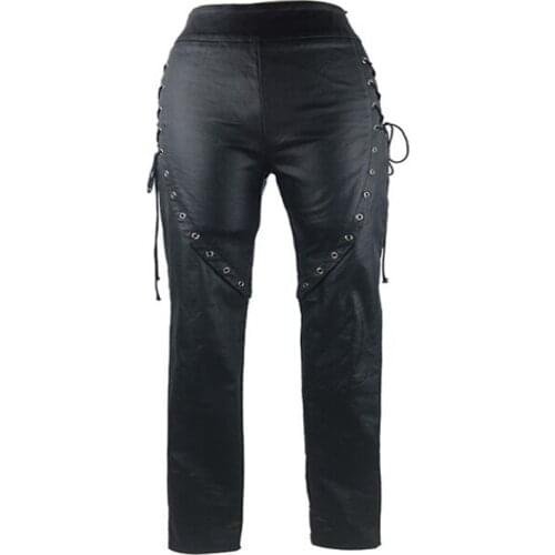 Punk Fashion Womens Pants Cross Straps With Rivet Long Pants Black Casual Trousers Womens Clothes Pencil Pants