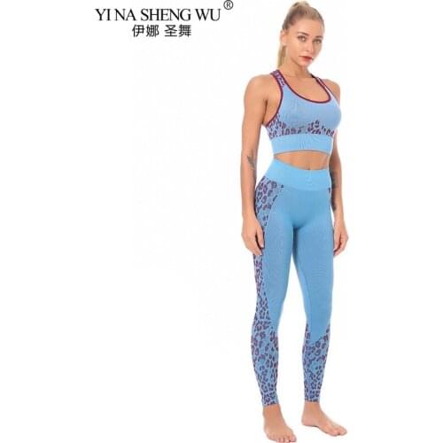 Woman Leopard Print Yoga Set Seamless Gym Set Crop Top Bra Pad Elastic High Waist Yoga Pants Yoga Sportwear Outfit Fitness Set