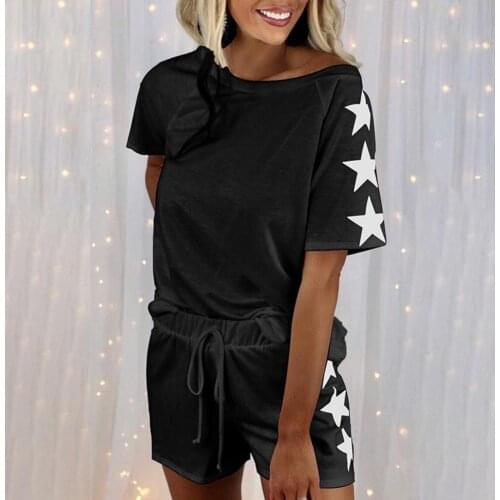 Women Outfit Summer 2021 Five-pointed Star Print Drawstring Two-piece O Neck Short Sleeve T-shirt Shorts Set for Sports Black xl
