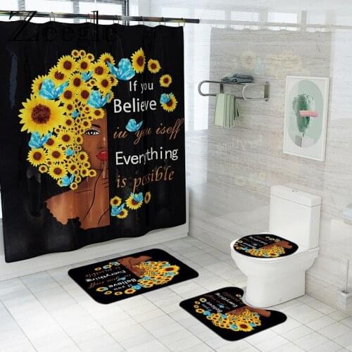 Sunflowers Woman Printed Bath Mat and Shower Curtain Set Flannel Bath Carpet Toilet Cover Mat Anti-slip Bathroom Floor Mat Set