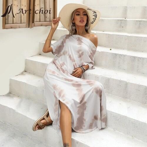 2021 Elegant Women Tie-Dye Midi Loose Dress Summer Vintage Irregular Slit Off Shoulder Ladies Batwing Sleeve Boho Party Vestido