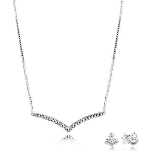 2019 Spring New Shining Wishing Necklace And Classic Blessing Stud Earrings Set Original S925 Sterling Silver Jewelry