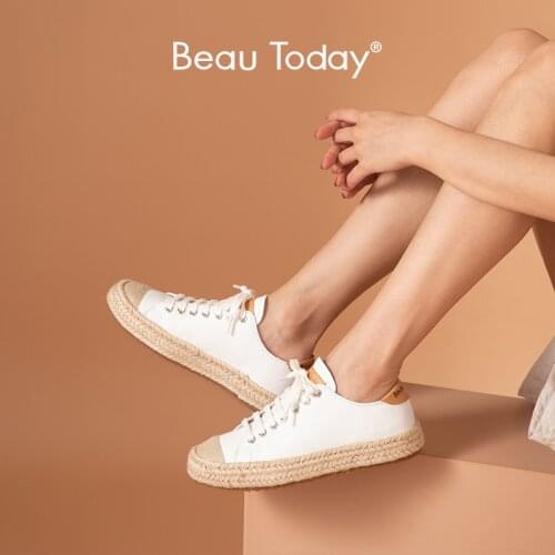 BeauToday Sneakers Women Cow Leather Round Toe Straw Weaving Lace Up Casual Espadrille Lady Fisherman Shoes Handmade 29222