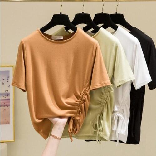 Short-sleeved T-shirt Womens Spring and Summer New Self-cultivation Super Hot Drawstring Fold Design Sense Cotton Top