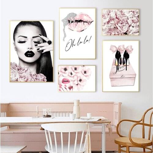 And Prints Wall Pictures For Living Room Decor Wall Art Canvas Painting Pink Paris Flower Model Girl Love Kiss Nordic Posters