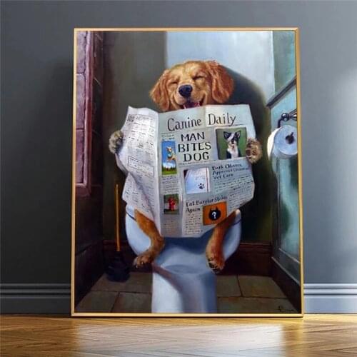 Funny Animal Smile Dog Read Newspaper Oil Painting On Canvas Wall Art Poster And Prints Picture For Bathroom Toilet Decoration