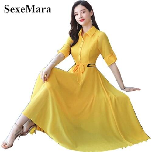 Korean version autumnf new the lapel long-sleeved waist slim slimming solid color long womens A-shaped chiffon dress