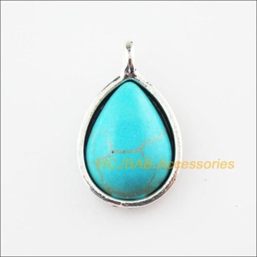 Fashion 12Pcs Retro Tibetan Silver Teardrop Stone Charms Pendants 12x20mm