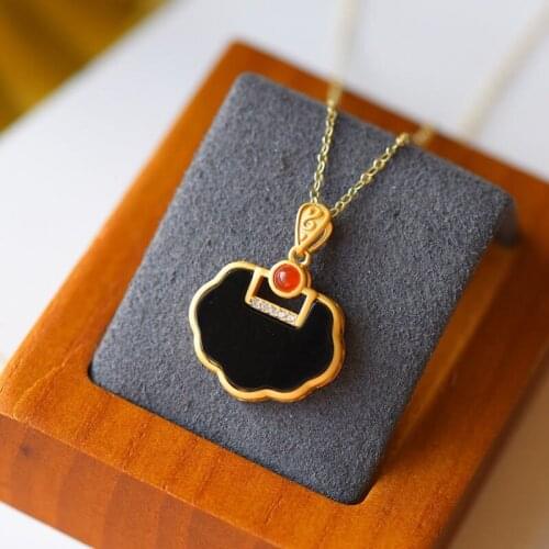 New silver inlaid natural Hetian Chalcedony pendant necklace Chinese style retro unique ancient gold craft charm womens jewelry