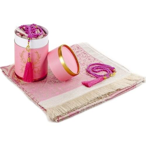 Luxury Taffeta Prayer Rug and Pearl Rosary Special Cylinder Boxed Mevlid Gift Set Women Muslim Set