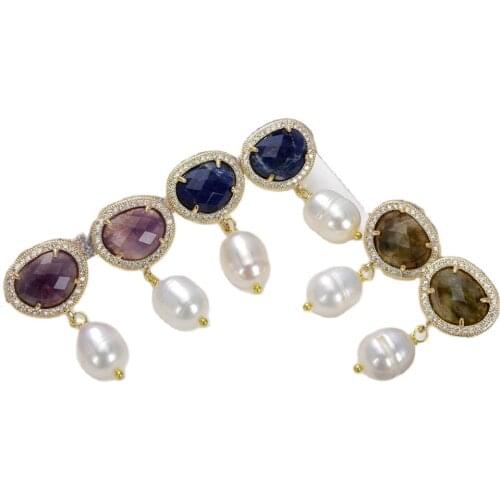 GG Jewelry White Rice Pearl Amethyst Sodalite Labradorite Cz Pave Stud Earrings