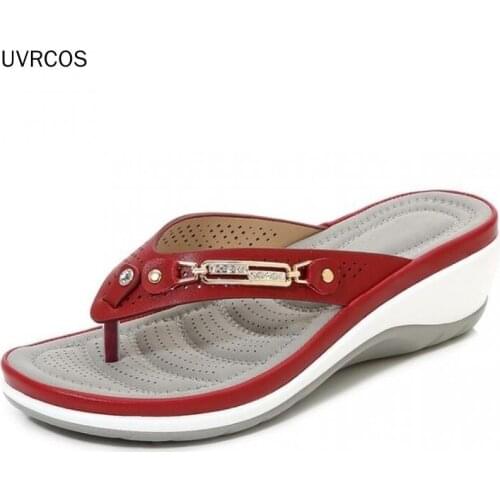 2021 Womens Slippers Summer New Fashion Metal Button Slides Shoes Wedge Beach Sandals Women Outside Platform Leisure Flip Flops