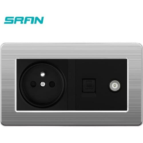 SRAN France Standard Wall Socket + TV Female Jack With Network Computer Data RJ45 CAT5E Stainless Steel Panel Home Combination