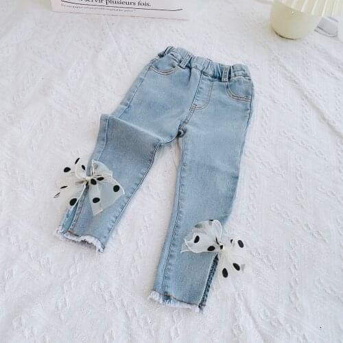 2021 Spring girls baby clothes polka dot bow split jeans trousers for girls clothes mid-waist elastic band stretch denim pants