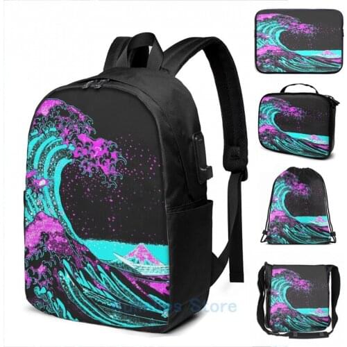 Funny Graphic print Vaporwave waves Japanese Mount Fuji Art Room USB Charge Backpack men School bags Women bag Travel laptop bag