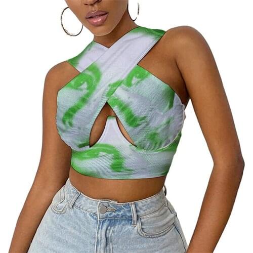 Women Sexy Cross Hollow Vest Summer Tank Tops Printed Pattern Halter Neck Sleeveless Crop Tops S/ M/ L/ XL/ XXL/ XXXL