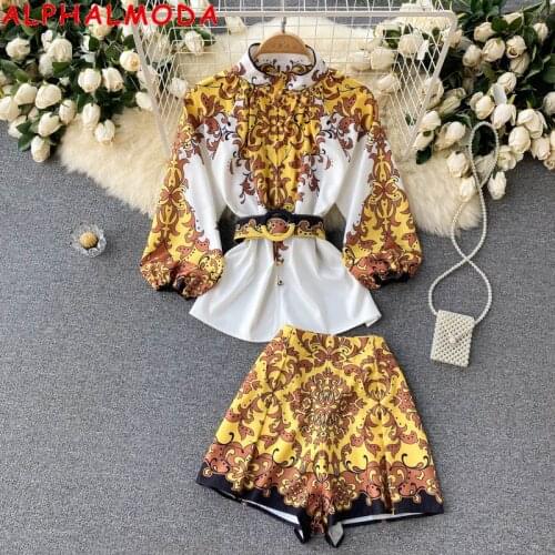 ALPHALMODA 2021 Summer New Retro Printed Shirt + High Waist Wide Leg Shorts Women Fashion 2pcs Vintage Suit