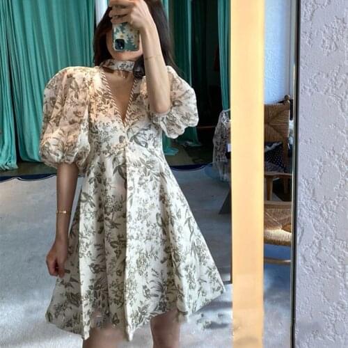French Vintage Floral Print Summer Women Puff Sleeve Dress Female V-Neck High Version Elegant Evening Dress Ladies Dresses ML161